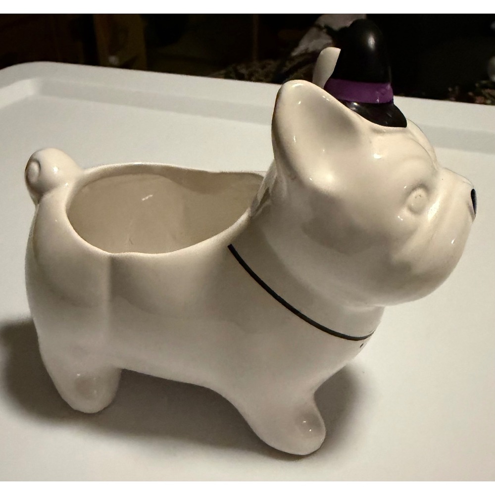 Halloween 5.5" Frenchie Pup Ceramic Planter Witch Hat French Bulldog White